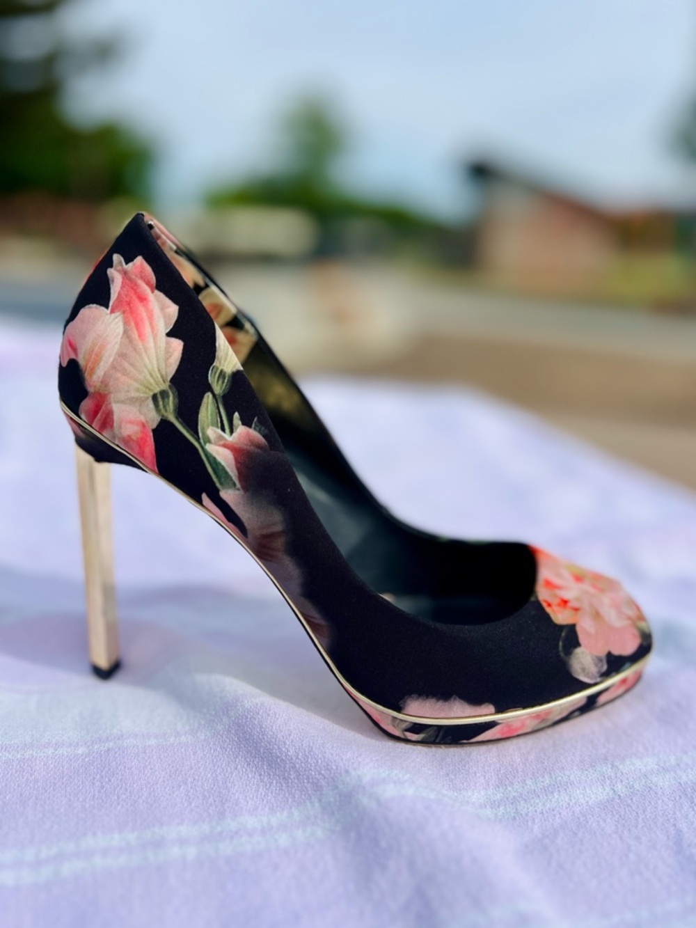 Ted Baker London Phhylis Black and Gold Floral Peeptoe Stiletto Heels